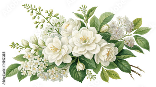 White Floral Bouquet Watercolor Painting, Isolated on White Background, Botanical Illustration, Spring Flowers watercolor painting, floral arrangement, white flowers, botanical art