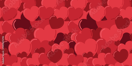 Lovely Valentine's Day pattern with dense arrangement of red and burgundy hearts. Romantic Valentine's Day element - heart ornaments in vector flat style. For holiday decor, prints, love graphics.