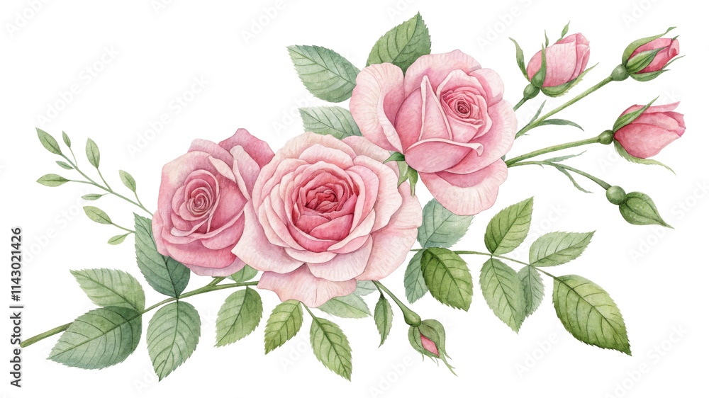 Naklejka premium Watercolor Pink Roses Bouquet, Isolated on White Background, Floral Composition, Botanical Illustration, Romantic Design roses, watercolor, bouquet, floral