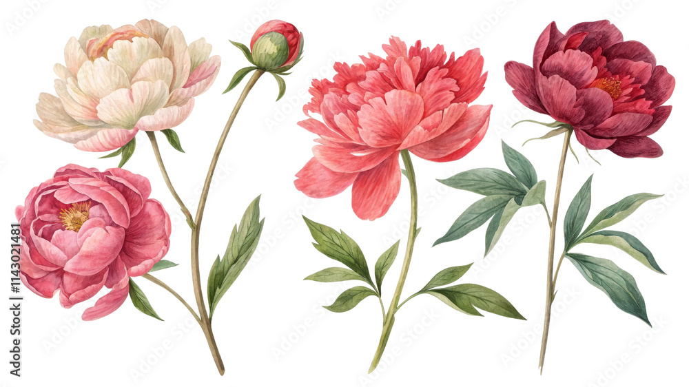 Watercolor Peonies Composition Four Blooming Flowers Isolated on White Background, Botanical Illustration, Floral Design, Spring Flowers , Peony, Watercolor, Floral, Botanical