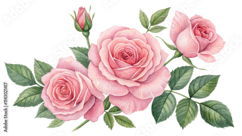 Watercolor Pink Roses Bouquet, Three Roses and Bud Composition, Isolated on White Background, Floral Illustration Rose, Watercolor, Botanical, Floral Arrangement