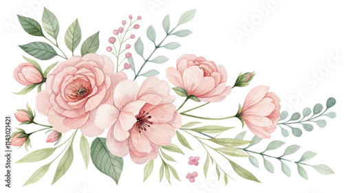 Watercolor Pink Floral Bouquet Composition, Isolated on White Background, Botanical Illustration, Wedding Design Floral arrangement, watercolor painting, wedding invitation, blush pink roses