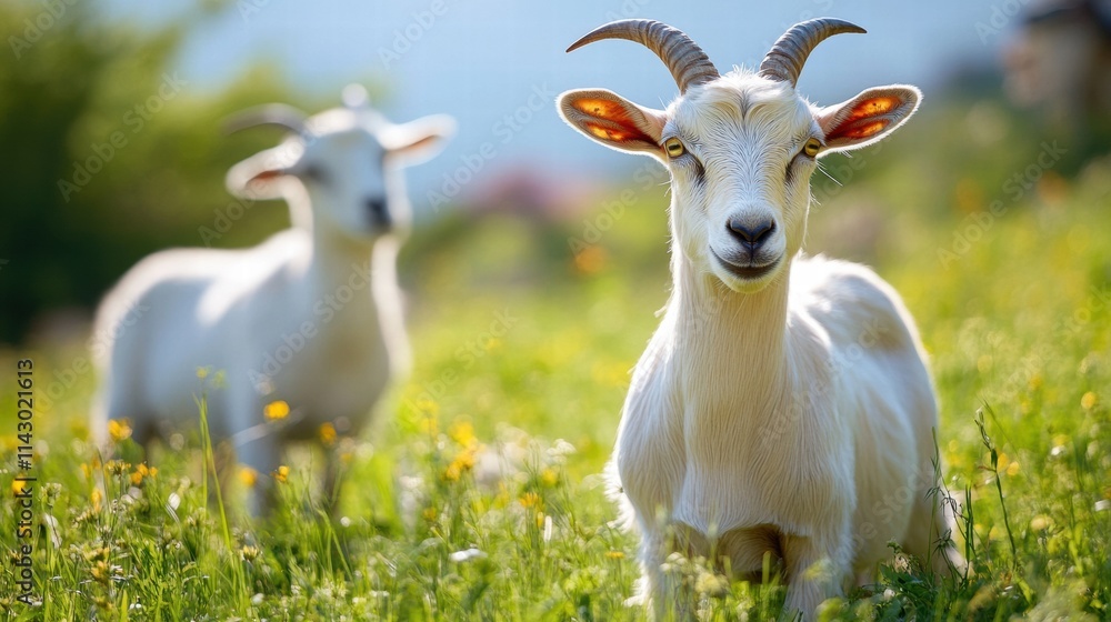Obraz premium Beautiful goats grazing on the grass in the countryside.