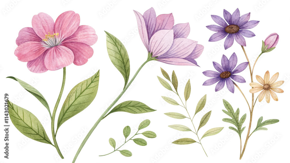 Fototapeta premium Watercolor Floral Composition Pink and Purple Flowers, Isolated on White Background, Botanical Illustration, Spring Design Watercolor, Floral, Botanical, Spring