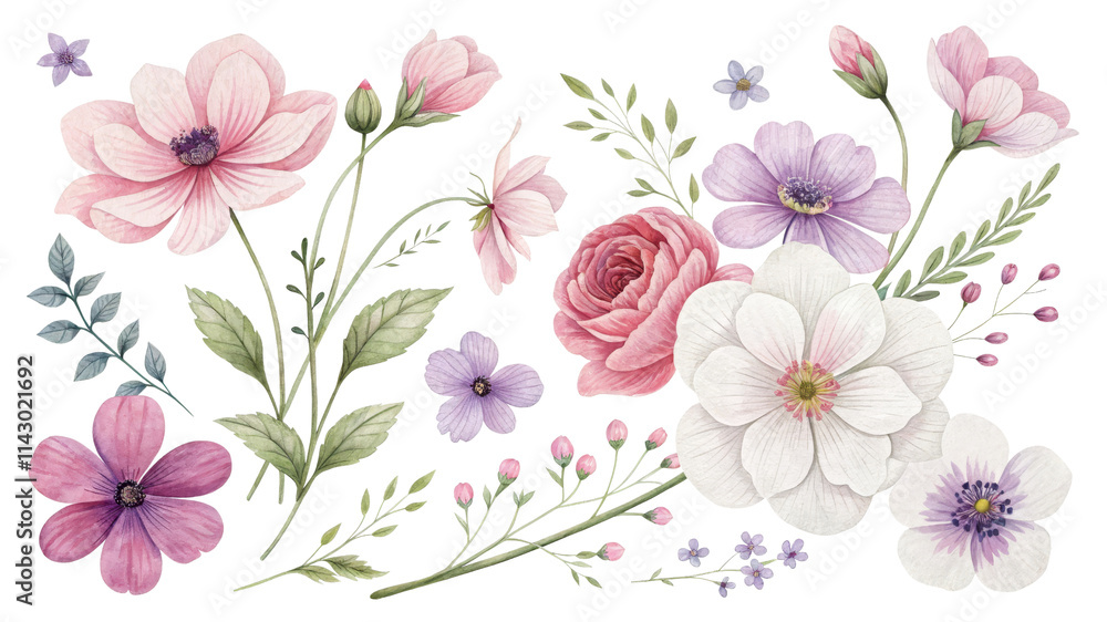 Fototapeta premium Watercolor Floral Composition Pink and Purple Flowers Isolated on White Background, Botanical Illustration, Spring Bloom, Flower Arrangement