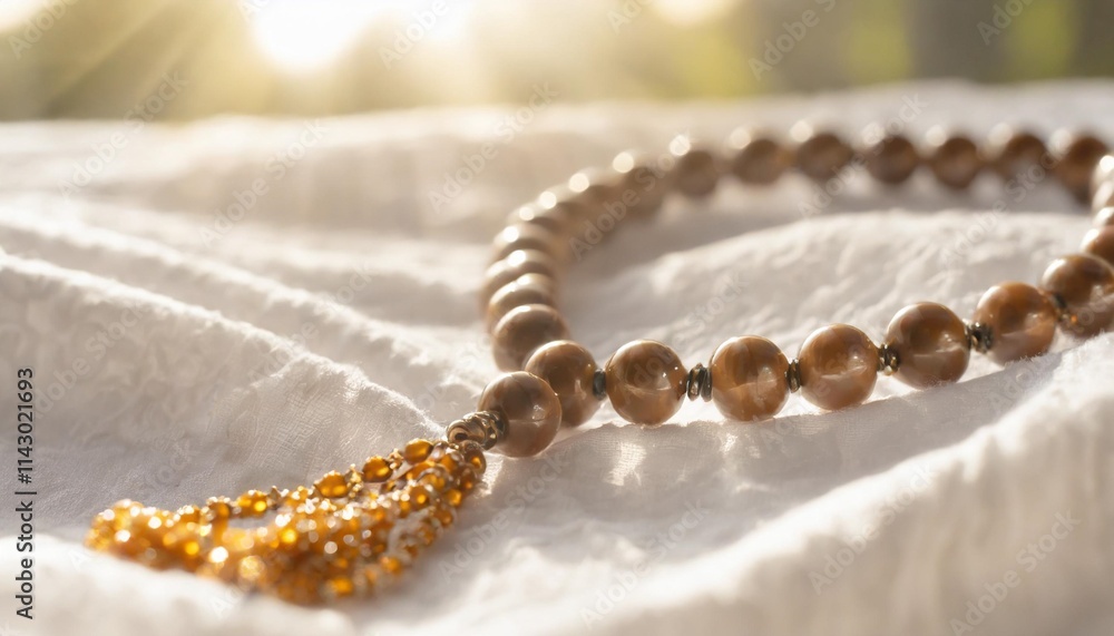 Prayer Beads (Tasbih) Resting on a Soft White Cloth with Warm Lighting Prayer Beads (Tasbih) Resting on a Soft White Cloth with Warm Lighting