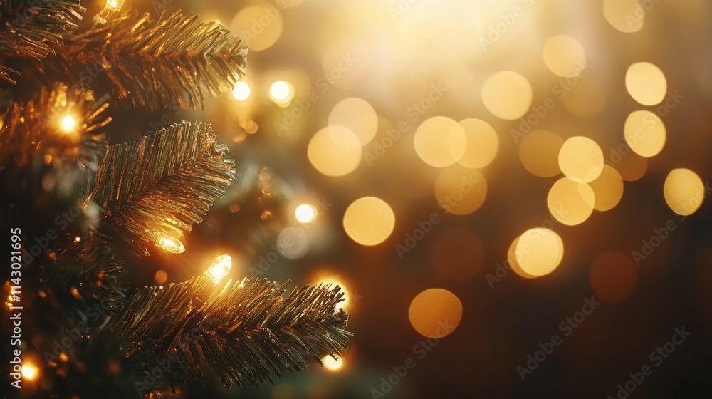 Christmas Tree Branches with Warm Golden Lights and Bokeh Christmas Tree Branches with Warm Golden Lights and Bokeh
