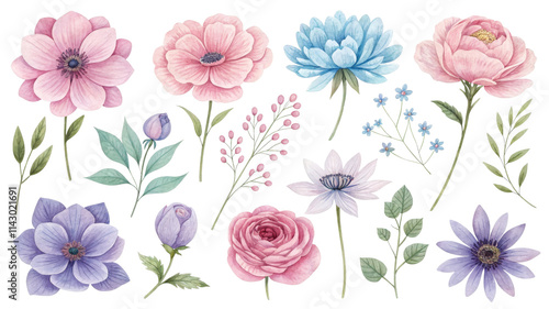 Watercolor Floral Composition Pastel Anemones, Roses, and Peonies Isolated on White Background, Botanical Illustration