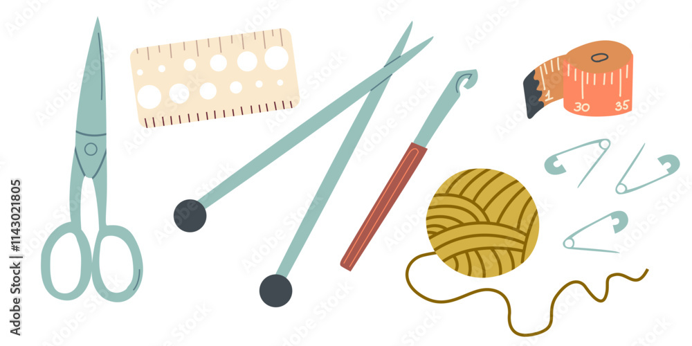 Obraz premium Knitting and crocheting tools. Scissors and knitting needles with a crochet hook and ball of yarn. Set of hobby accessories.