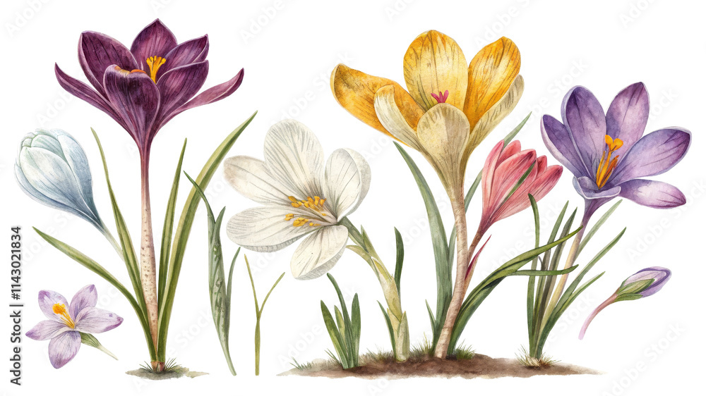 Fototapeta premium Watercolor Crocus Flowers Composition Botanical Illustration, Isolated on White Background, Spring Bloom, Floral Design crocus, watercolor, botanical illustration, spring flowers