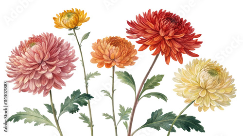 Watercolor Chrysanthemum Bouquet Five Blooms, Isolated on White Background, Botanical Illustration, Floral Design ,Chrysanthemum, Watercolor, Floral, Botanical