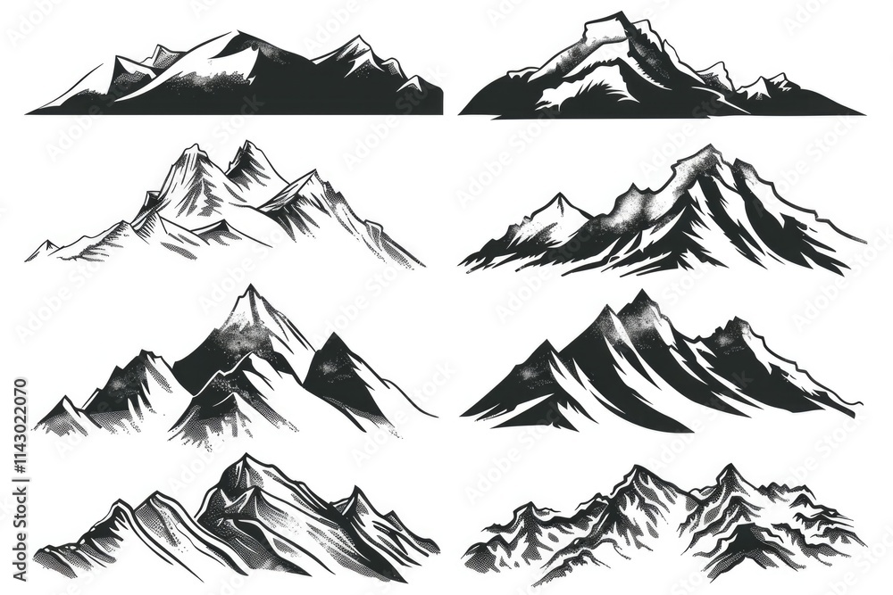 Fototapeta premium Mountain Outline Collection: Set of Different Silhouette Ranges for Nature Design Element