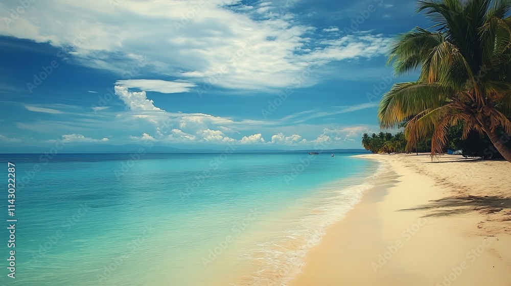 Fototapeta premium tropical beach,serene tropical beach with palm trees and crystal-clear waters, vibrant tropical paradise with golden sands and turquoise waves, relaxing getaway on a picturesque tropical beach