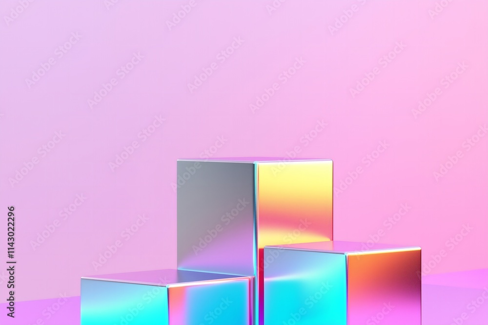Fototapeta premium sleek metallic cube podiums on a vibrant gradient background, product mockup
