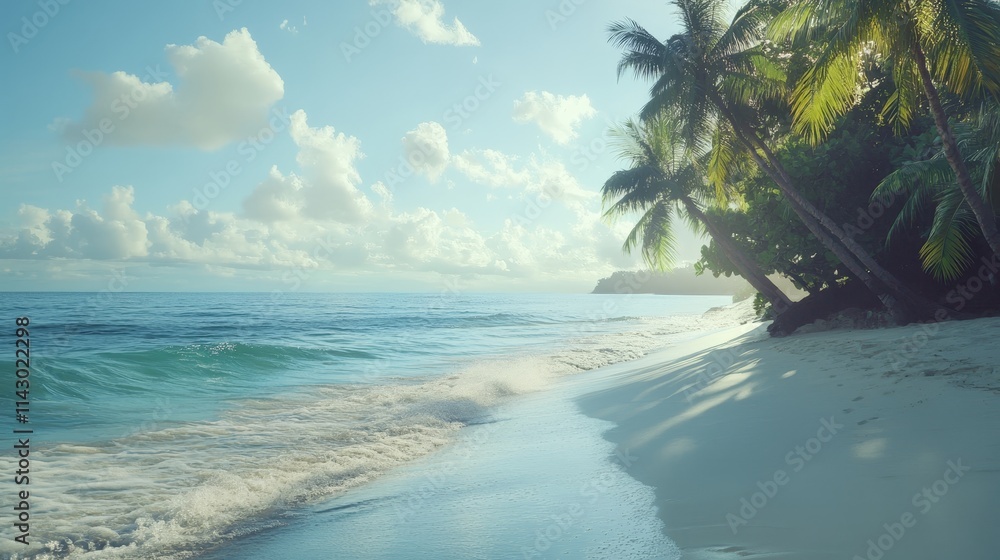 Fototapeta premium serene tropical beach with palm trees and crystal-clear waters, vibrant tropical paradise with golden sands and turquoise waves, relaxing getaway on a picturesque tropical beach
