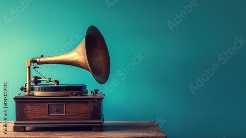 Retro antique gramophone with brass horn on wooden table, mint blue background.