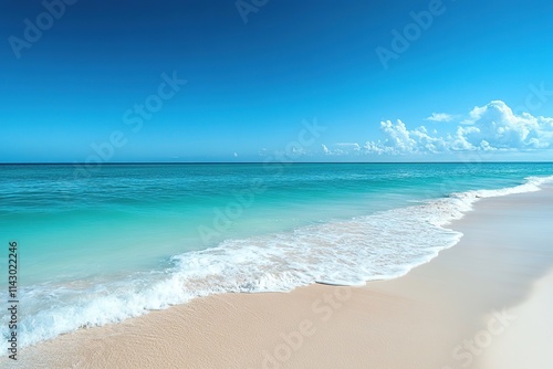 Turquoise sea gently kisses sandy beach under clear blue sky