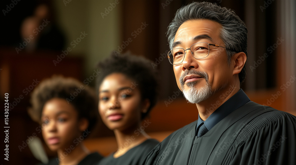 Fototapeta premium Courtroom session with diverse judges and legal professionals in a formal setting