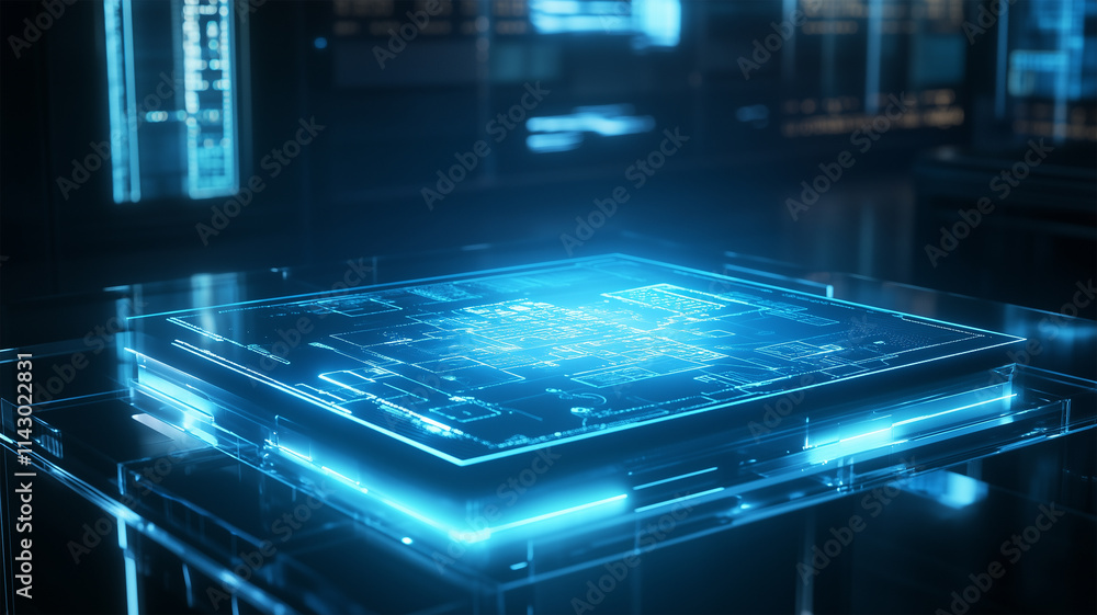 Obraz premium 未来的な量子コンピュータ室と発光するチップ