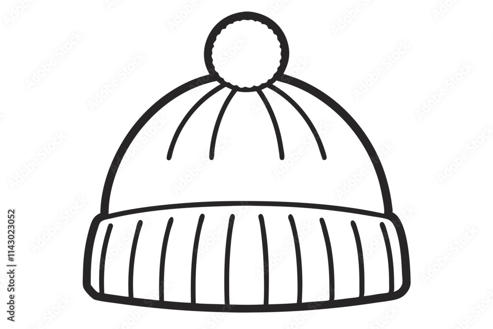 Fototapeta premium Stylish Knitted Winter Beanie with Pom-Pom Line Drawing Vector Art