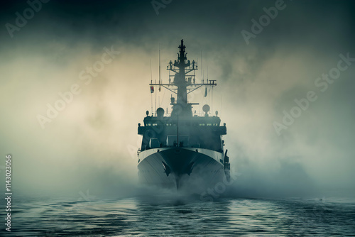 Ship in dense fog, mysterious and atmospheric maritime scene