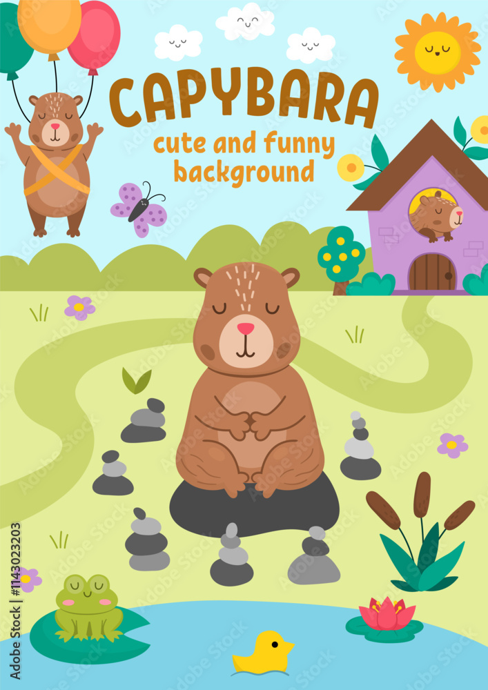 Fototapeta premium Vector vertical scene with capybaras. Landscape illustration with capibaras. Cute background or book cover for kids with adorable animals meditating, flying on balloons. Funny scene for kids