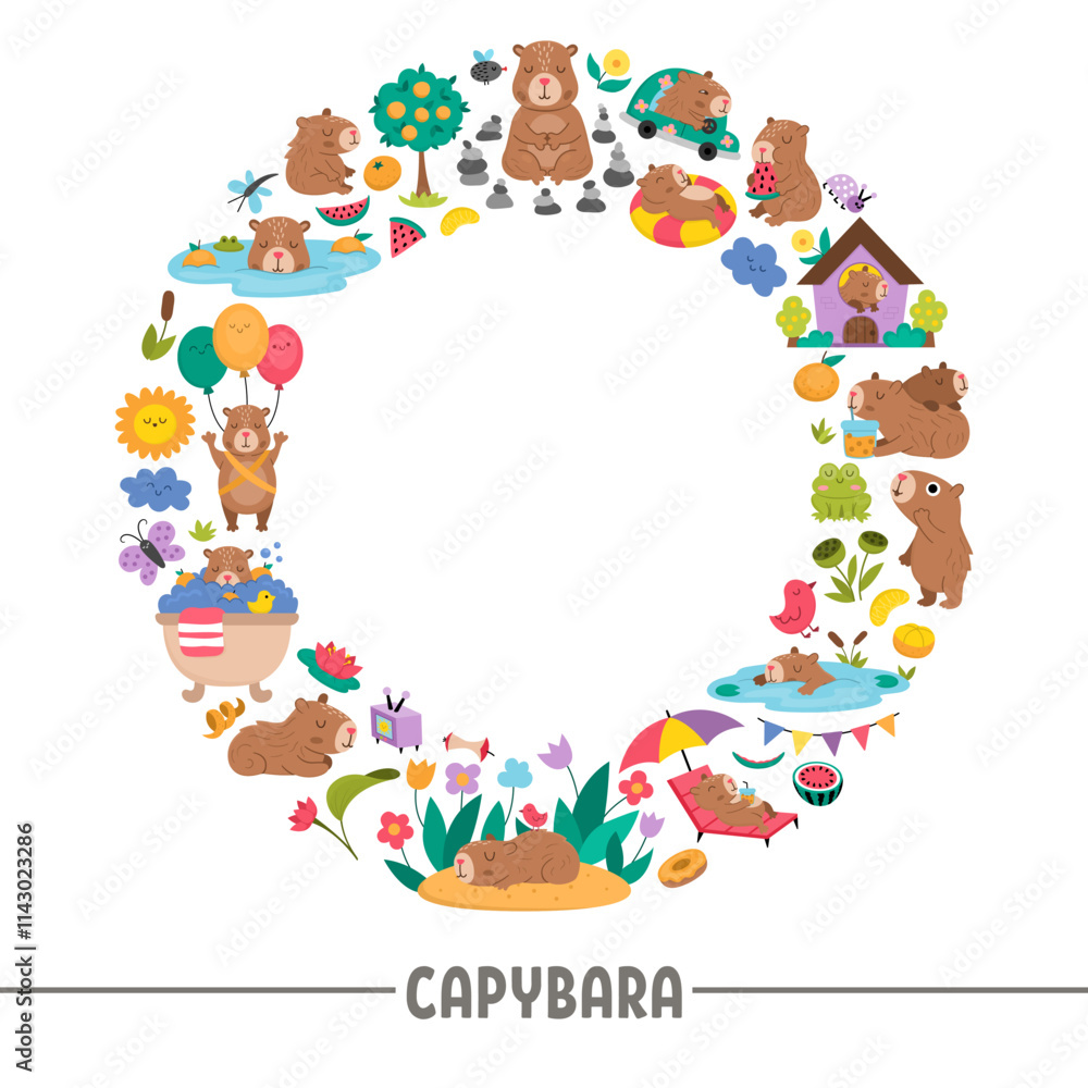 Vector capybara round wreath frame with relaxed animals, frog, tangerines, fruit, flowers, butterfly. Capibara card template design for banners, invitations. Cute illustration with guinea pigs