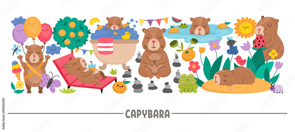 Vector horizontal capybara border set with cute animals. Capibara card template design with relaxed guinea pigs meditating, sleeping, relaxing, having fun, frog, tangerines, fruit, flowers, butterfly Vector horizontal capybara border set with cute animals. Capibara card template design with relaxed guinea pigs meditating, sleeping, relaxing, having fun, frog, tangerines, fruit, flowers, butterfly