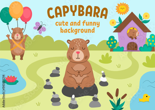 Vector horizontal scene with capybaras. Landscape illustration with capibaras. Cute background or book cover for kids with adorable animals meditating, flying on balloons. Funny scene for kids