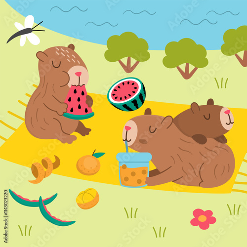 Vector capybara landscape illustration. Cute square scenery with capibaras sitting on each other and drinking bubble tea and eating watermelon near the pond. Funny scene with adorable animals