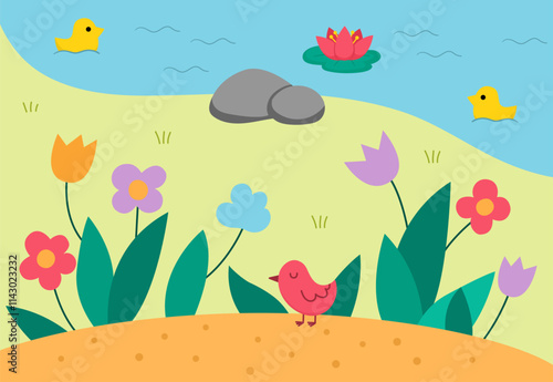 Vector landscape illustration with flower meadow and river or lake with water lily. Cute horizontal nature scenery. Funny scene with greenery, grass, and floral clearing with bird