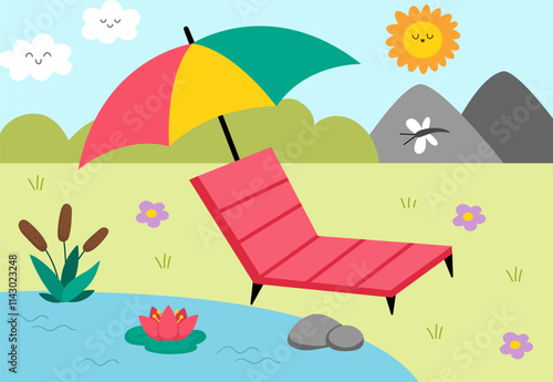 Vector landscape illustration with sun lounger standing under colorful beach umbrella near the river or lake with water lily and reeds. Cute horizontal nature scenery with holiday rest concept