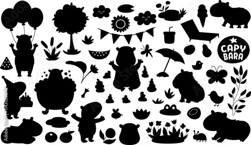 Big vector capybara silhouettes set. Cute shadow capibara animals collection with bath, fruit, reeds, birds. Funny guinea pigs stamps meditating, sleeping, relaxing, having fun