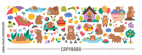 Vector capybara horizontal set with relaxed animals, frog, tangerines, fruit, flowers, butterfly. Capibara card template or frame design for banners, invitations. Cute illustration with guinea pigs
