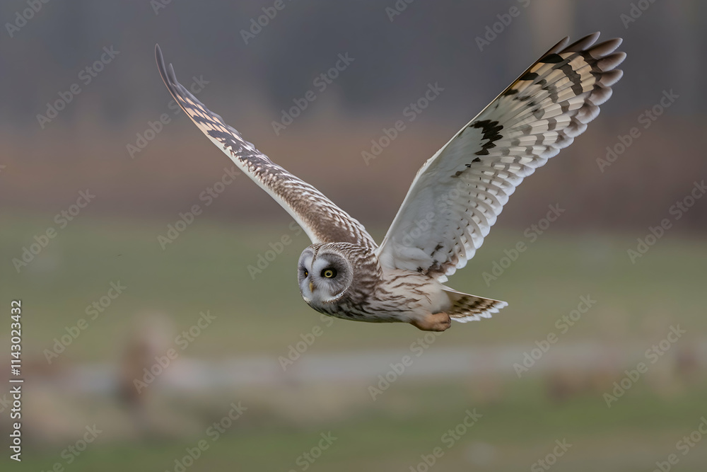 Fototapeta premium Owl mid flight, sharp eyes, blurred grassy background
