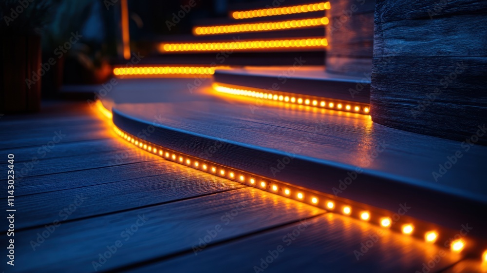 Illuminated outdoor stairs at night with warm LED lights outlining the steps and pathway. Illuminated outdoor stairs at night with warm LED lights outlining the steps and pathway.