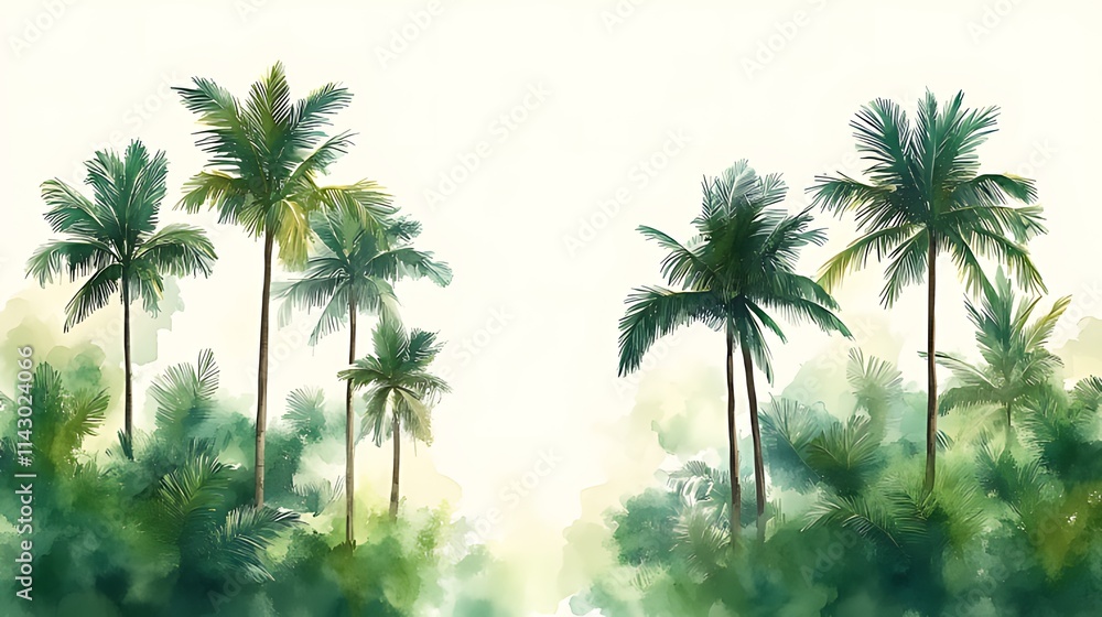 Fototapeta premium Watercolor painting of lush tropical palm trees against a white background.