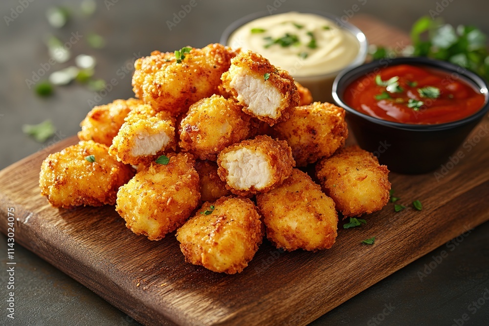 Breaded chicken strips or nuggets with two kinds of sauces and fried potatoes on a wooden Board. Fast food on dark brown background. with copy space Breaded chicken strips or nuggets with two kinds of sauces and fried potatoes on a wooden Board. Fast food on dark brown background. with copy space