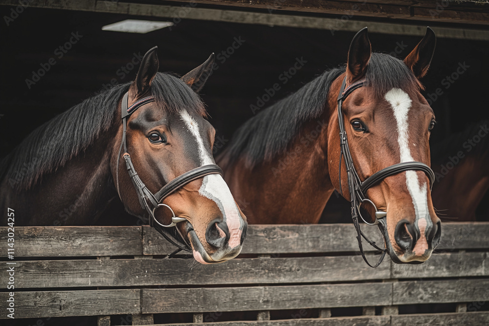 Obraz premium Groom cares for horses in daylight stable