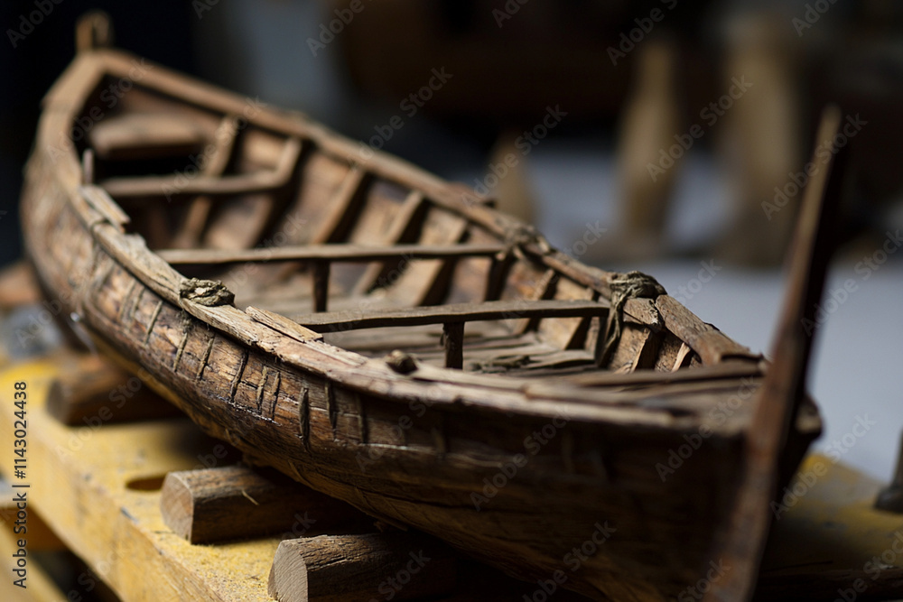 Artisan workshop displays wooden boat Artisan workshop displays wooden boat