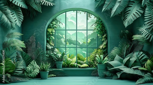 A beautifully designed window view showcasing lush green foliage and various plants, framed by an artistic lush background. photo