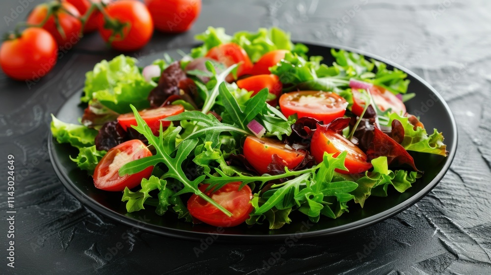 fresh salad, healthy food, tomato and greens, vibrant colors on black background fresh salad, healthy food, tomato and greens, vibrant colors on black background