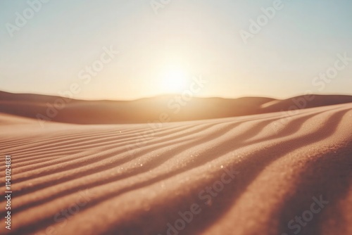 vast, golden desert with soft rippling sand dunes stretching into the horizon, warm light casting long, dramatic shadows across the textured sand, calm and expansive mood