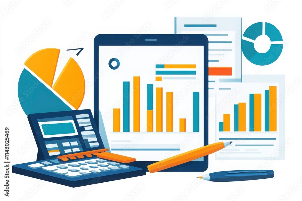 Obraz premium A collection of business and financial tools, including charts, documents, and a calculator.