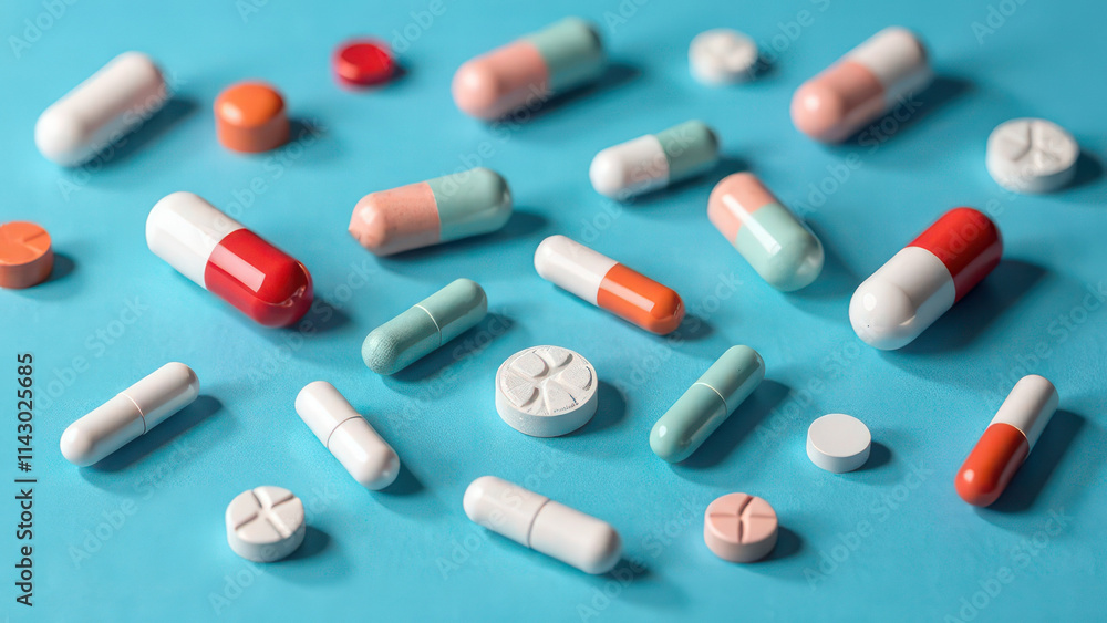 Falling multi-colored pills on a blue background, top view Falling multi-colored pills on a blue background, top view
