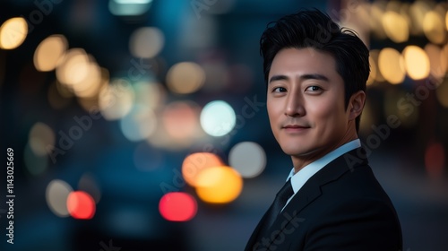 Elegant Korean entrepreneur in black suit, fast-paced city background, clear sharp focus on subject