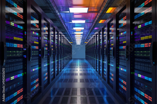 Vibrant lit data center with metallic racks glowing in colorful panels