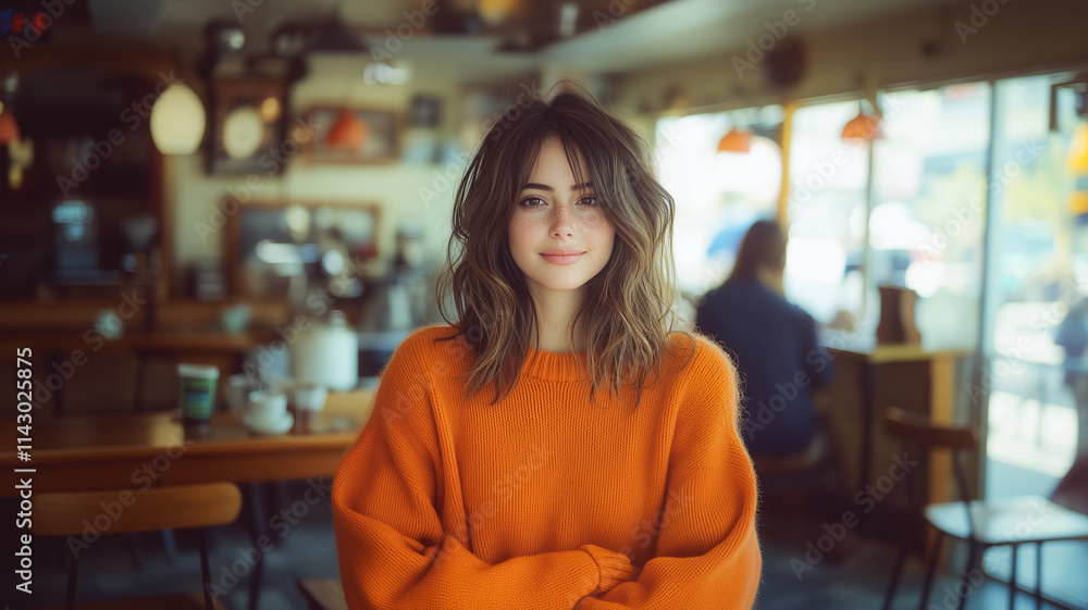 A young woman with wavy, medium-length hair stands confidently in a cozy café, wearing an oversized orange sweater. A young woman with wavy, medium-length hair stands confidently in a cozy café, wearing an oversized orange sweater.
