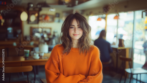 A young woman with wavy, medium-length hair stands confidently in a cozy café, wearing an oversized orange sweater.