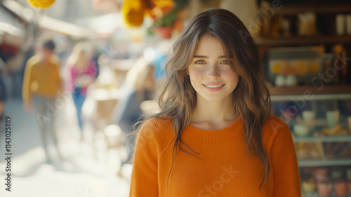 A young woman with wavy, medium-length hair stands confidently in a cozy café, wearing an oversized orange sweater.